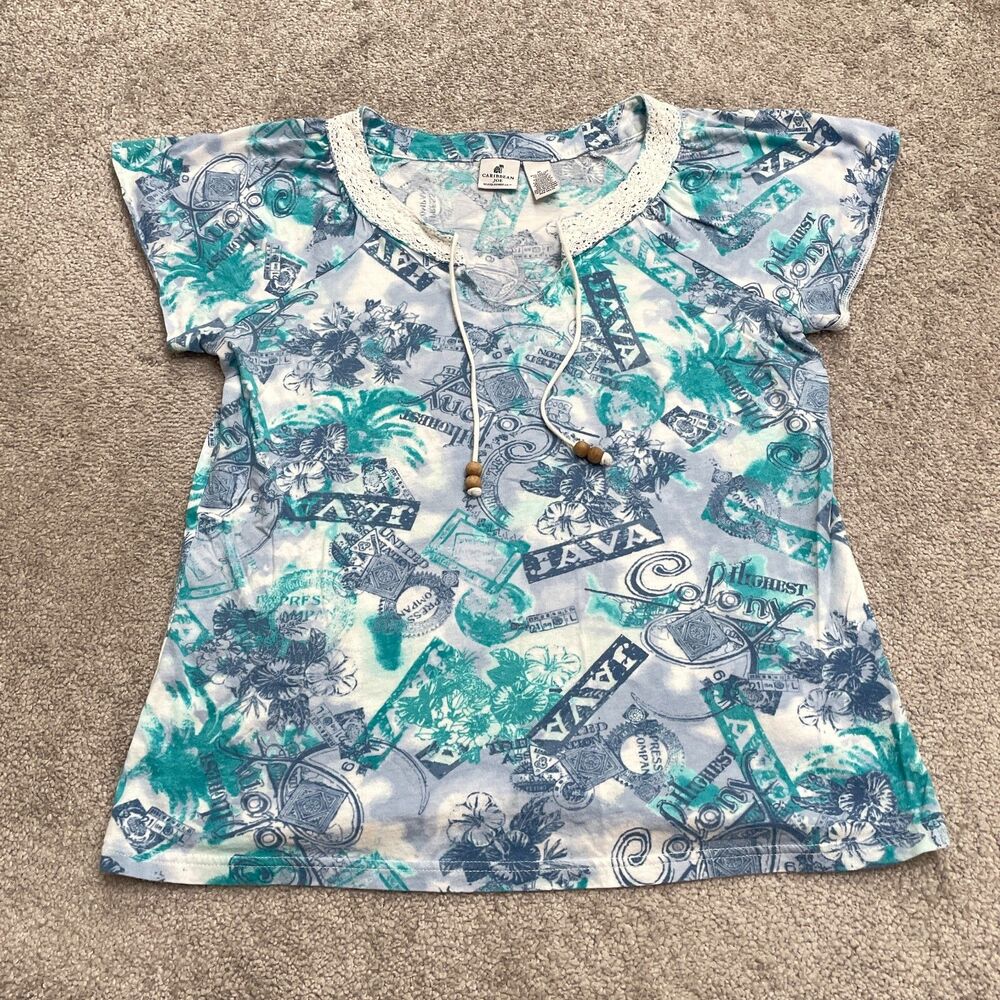 Caribbean Joe Printed Casual Blouse Womens Medium Multi Lace Trim Stretch Top